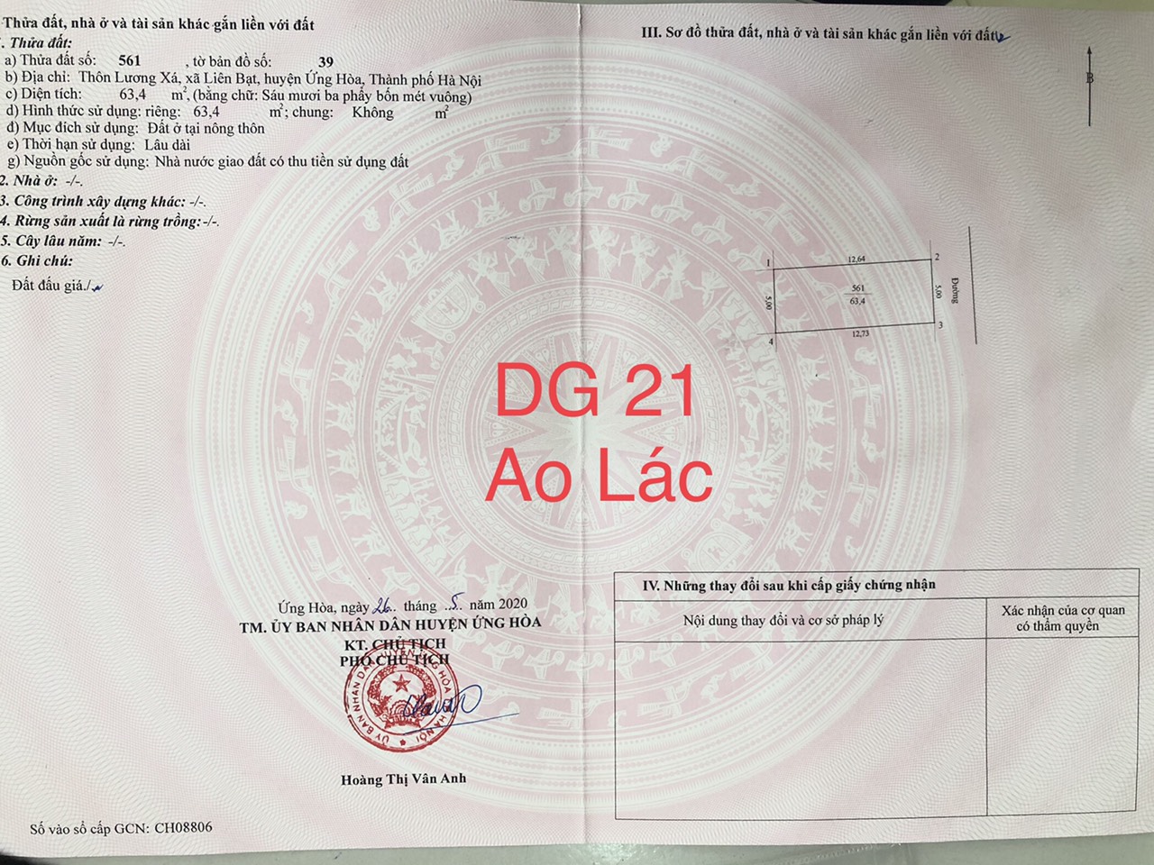 giấy chứng nhận QSD đất lô 21 khu Ao Lác xã Liên Bạt huyện Ứng Hòa
