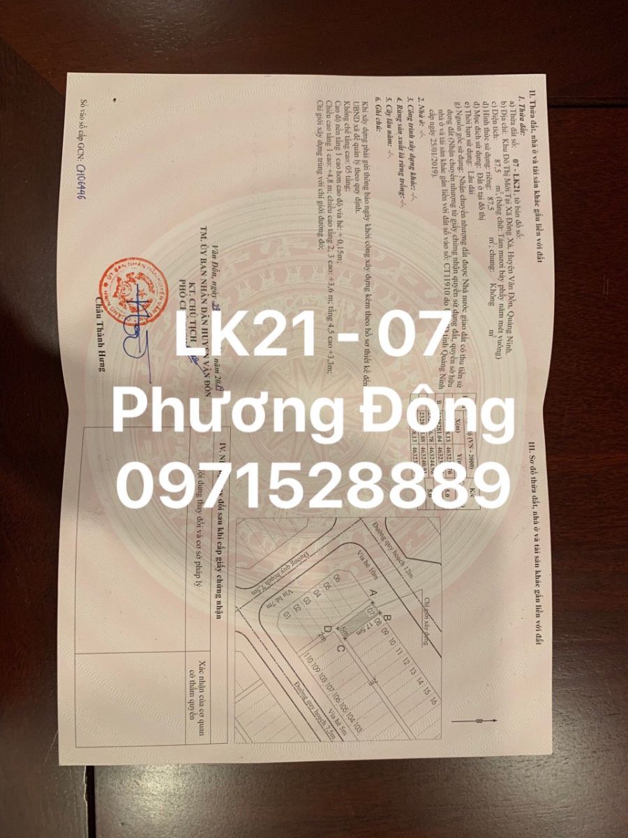 giấy chứng nhận QSD đất LK21-07 khu đô thị Phương Đông huyện Vân Đồn
