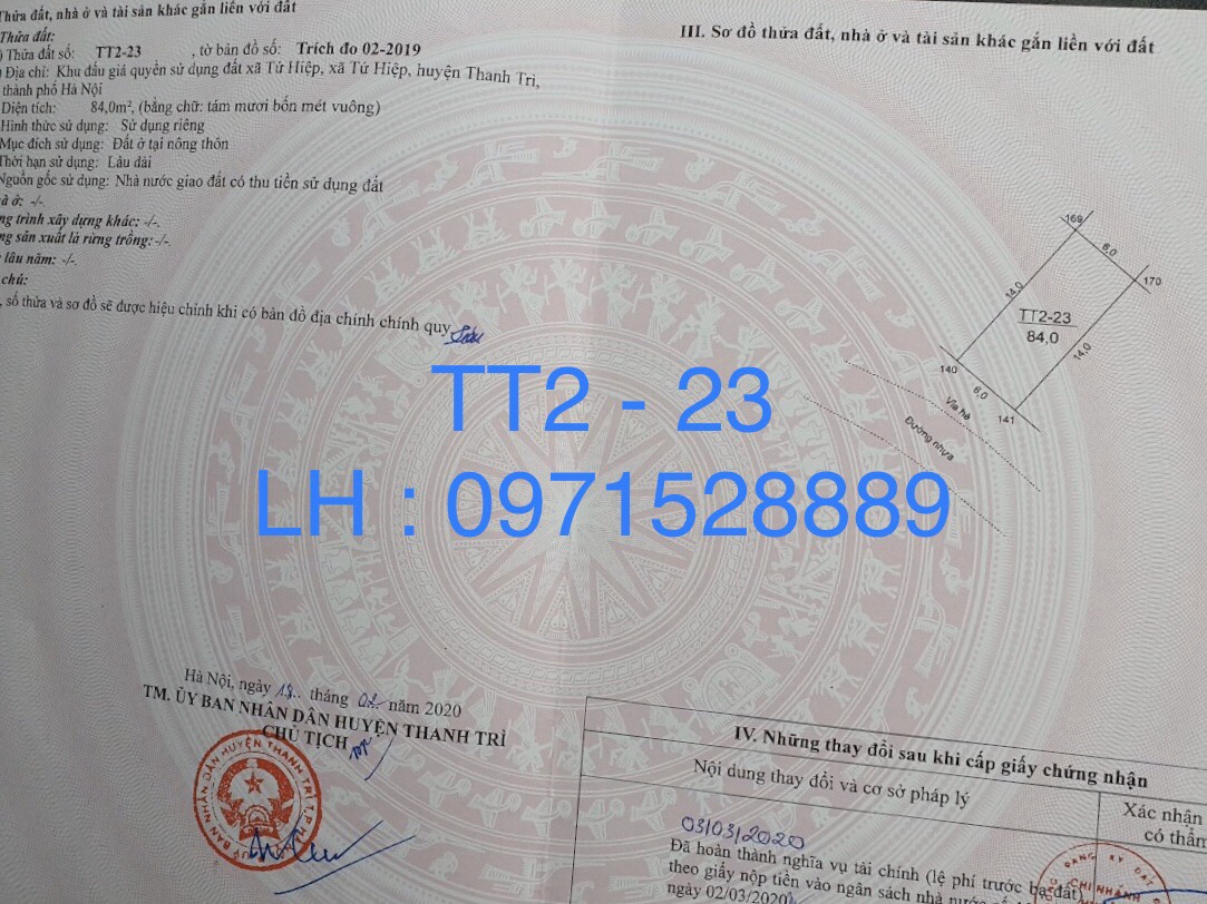 Giấy chưng nhận QSD đất lô TT2 - 23 xã Tứ Hiệp huyện Thanh Trì  