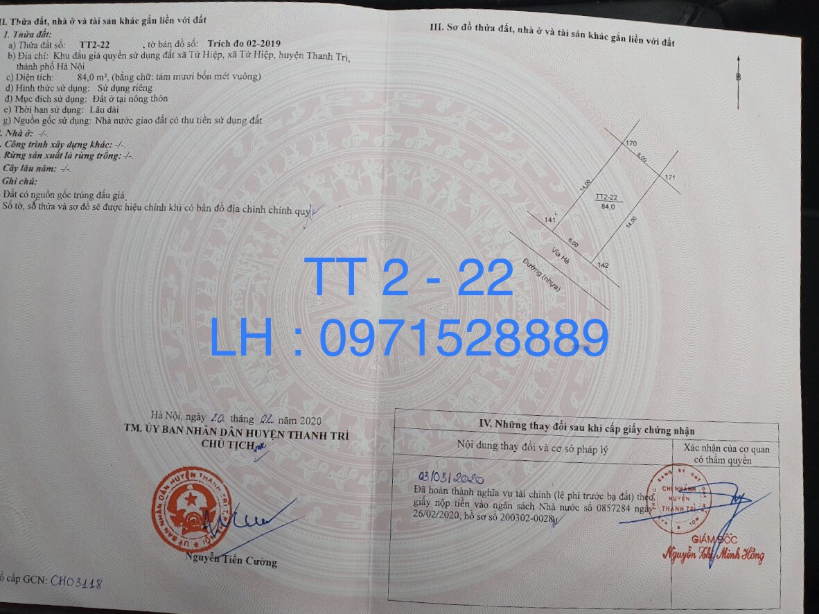 Giấy chưng nhận QSD đất lô TT2 - 22 xã Tứ Hiệp huyện Thanh Trì